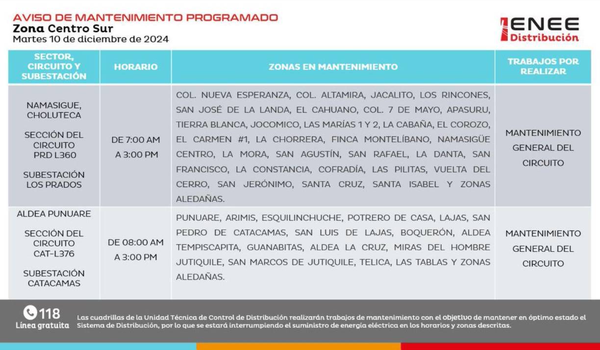Namasigüe y aldea Punuare entre 7:00 a. m. y 3:00 p. m. 