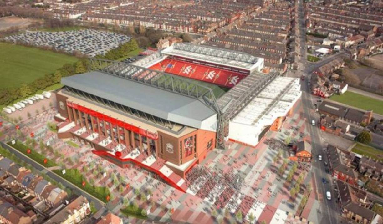 Liverpool: Uno de los estadios más emblemáticos y legendarios es Anfield, pero hace tiempo que se quedó pequeño. Tras descartar la construcción de nuevo estadio, Anfield seguirá en pie y solo será remodelada parte de la grada principal (Main Stand).