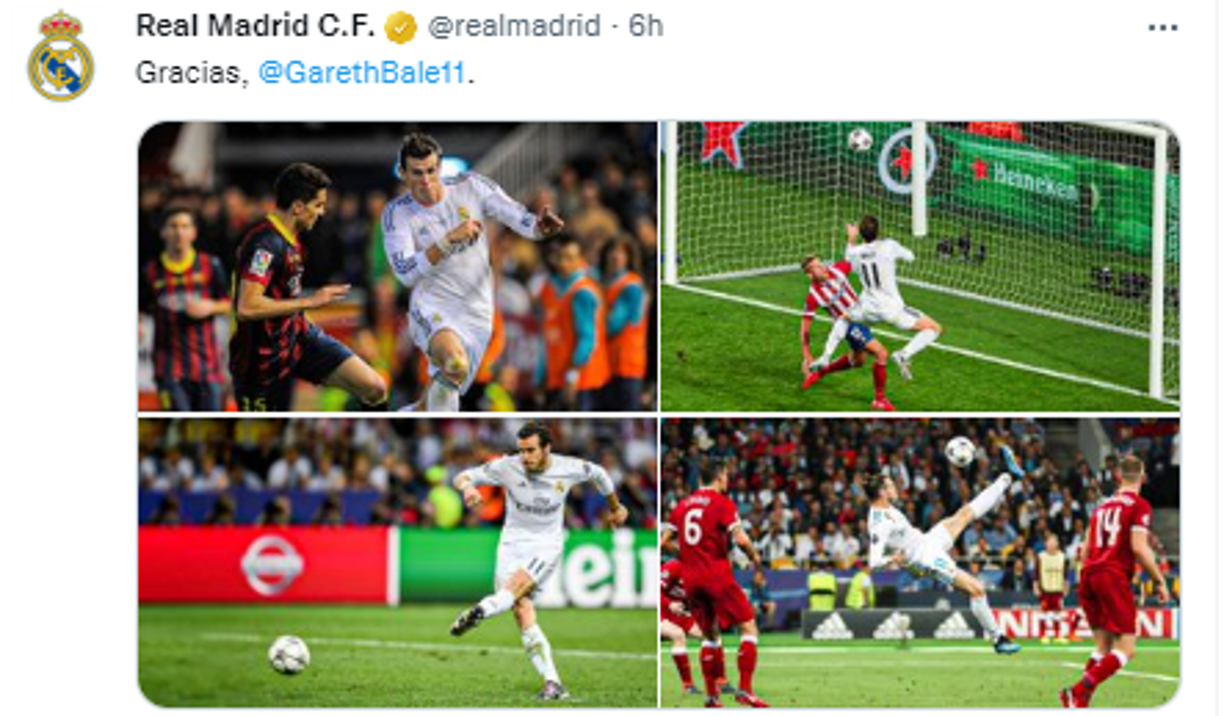 El Real Madrid expresó su “agradecimiento y cariño” a<b> Gareth Bale</b>, jugador del equipo blanco durante nueve años.