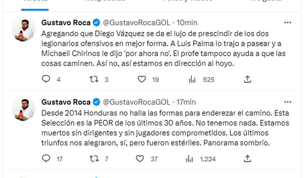 Gustavo Roca, periodista de Diez: “Desde 2014 Honduras no halla las formas para enderezar el camino. Esta Selección es la PEOR de los últimos 30 años. No tenemos nada. Estamos muertos sin dirigentes y sin jugadores comprometidos. Los últimos triunfos nos alegraron, sí, pero fueron estériles. Panorama sombrío”.