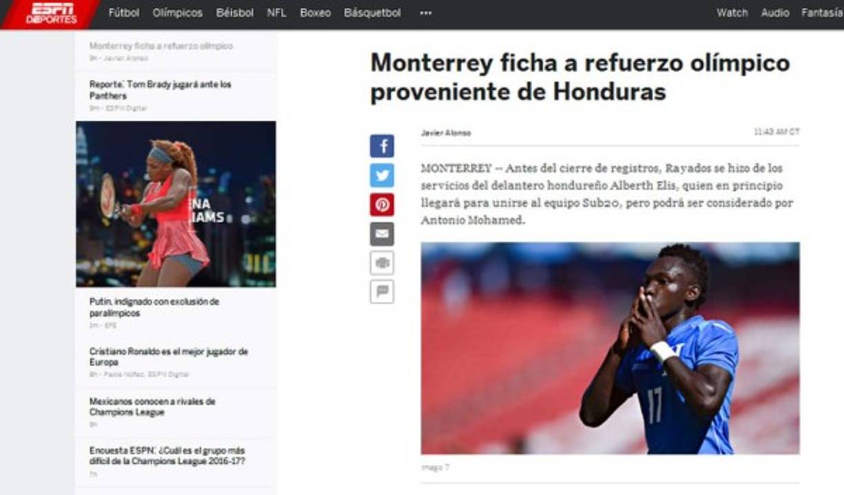 ESPN informó: 'Antes del cierre de registros, Rayados se hizo de los servicios del delantero hondureño Alberth Elis, quien en principio llegará para unirse al equipo Sub20, pero podrá ser considerado por Antonio Mohamed'.