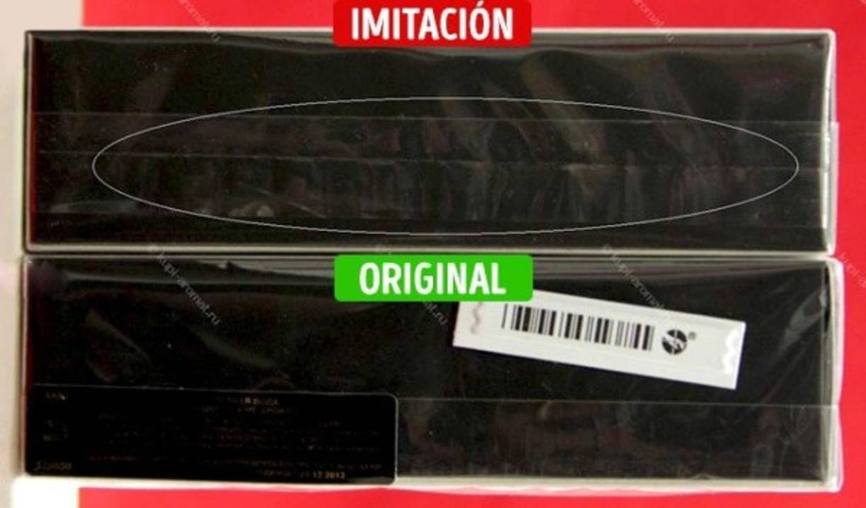 La costura en el empaque de plástico no debe ser mayor a 5 mm de ancho ni tener irregularidades y huellas de pegamento. En los empaques originales siempre es muy delgada y ordenada.