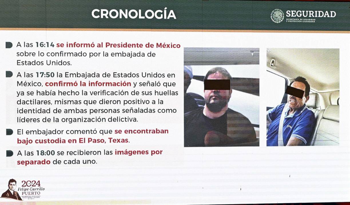 A las 6:22 pm, el Departamento de Justicia de Estados Unidos emitió un comunicado en el que destacó el arresto de los criminales. 50 minutos después, 19:10 y 19:31 horas: Se presentó ante el INM el informe oficial de las detenciones.