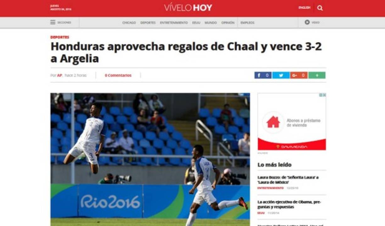 La página web Vivelohoy.com: 'Honduras aprovecha regalos de Chaal y vence 3-2 a Argelia. Honduras no tuvo piedad ante los obsequios del arquero de Argelia y selló con un marcador 3-2 su estreno el jueves en el fútbol de los Juegos Olímpicos de Río'.
