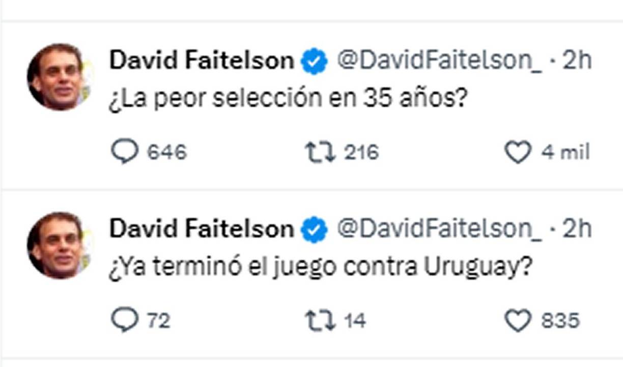 México recibió un gol en los primeros minutos del partido y Faitelson se preguntaba si el duelo conta Uruguay ya había terminado, pues en ese juego cayeron 4-0. “¿La peor selección en 35 años?”.
