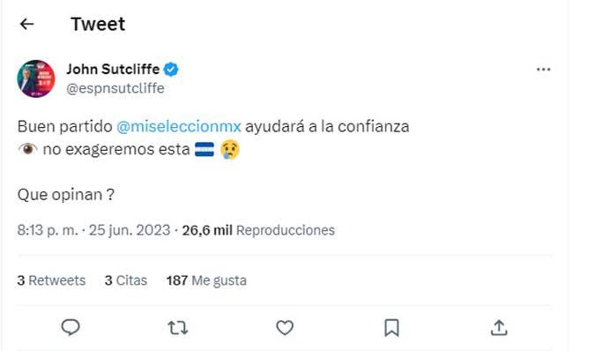 John Sutcliffe de ESPN: “Buen partido de México, ayudará a la confianza. No exageremos esta es Honduras”.