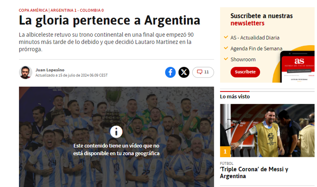 “La gloria pertenece a Argentina”, Diario AS de España.