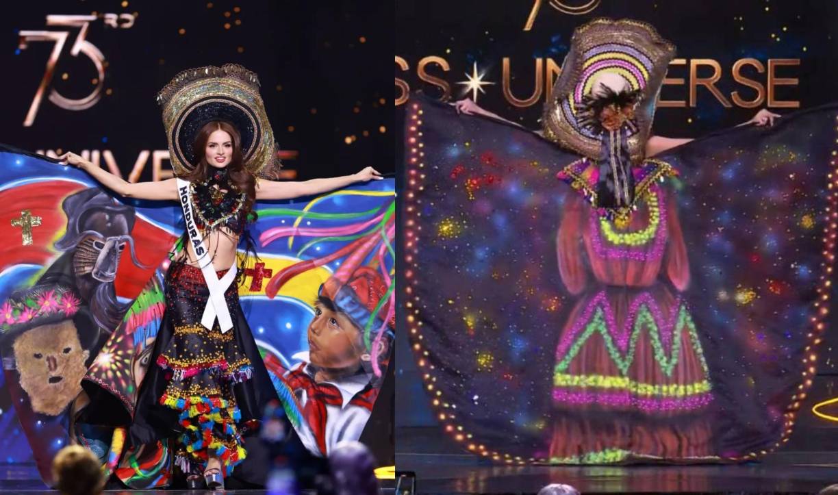 9. Miss Honduras, Stephanie Cam – Este traje se titula “El encuentro de los pueblos” y tiene como objetivo mostrar la cultura hondureña. Incorpora imágenes de trajes folclóricos y máscaras tradicionales.