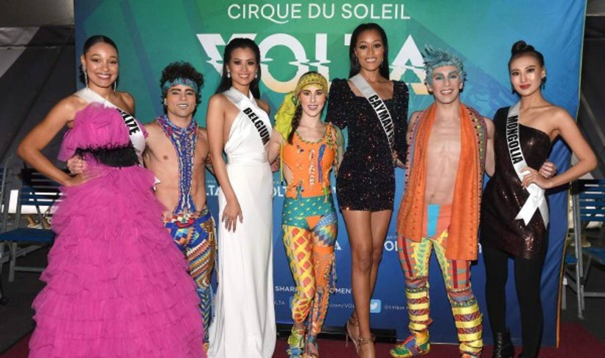 Miss Belice Destinee Arnold, Miss Bélgica Angeline Flor Pua, Miss Islas Caimán Kadejah Bodden, and Miss Mongolia Gunzaya Bat-Erdene.