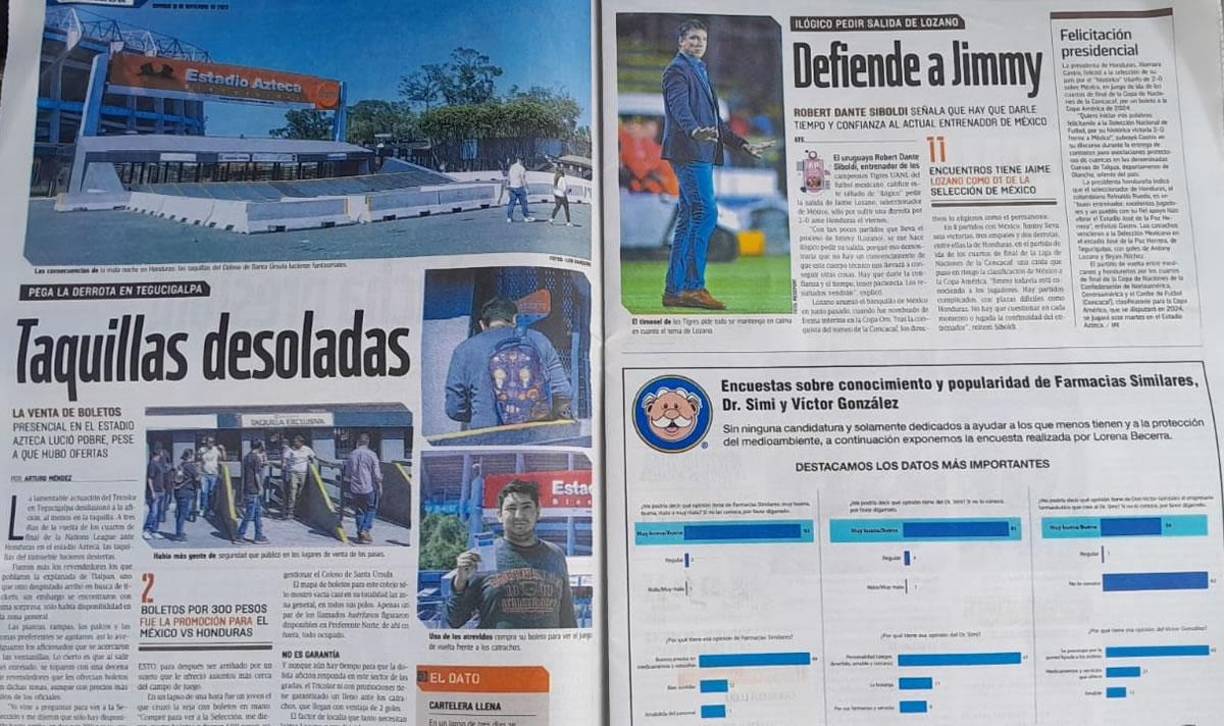 “Taquillas desoladas”, dice en el siguiente titular donde muestra que nadie llega a comprar boletos para el partido. Pero a medida pasan las horas, seguramente los mexicanos van a comenzar a llegar a comprar sus entradas, pues los partidos ante Honduras siempre son vibrantes.