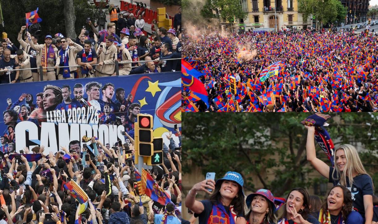 Decenas de miles de aficionados azulgranas se lanzaron este lunes a celebrar los títulos de Liga conseguidos por los equipos femenino y masculino del <b>Barcelona</b>, acompañando a sus ídolos por las calles de la capital catalana.