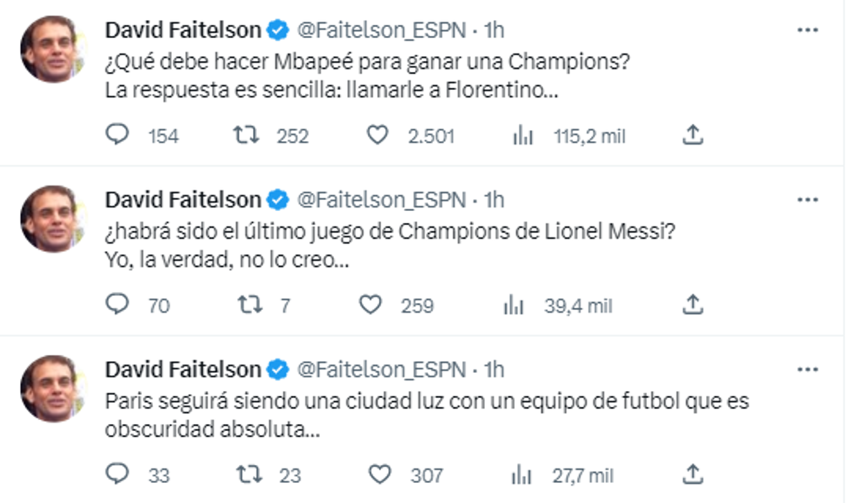 Y el mensaje para Mbapeé : “¿Qué debe hacer Mbapeé para ganar una Champions? La respuesta es sencilla: llamarle a Florentino...”. Esto haciendo referencia a buscar al Real Madrid para poder llegar lejos en la competencia.