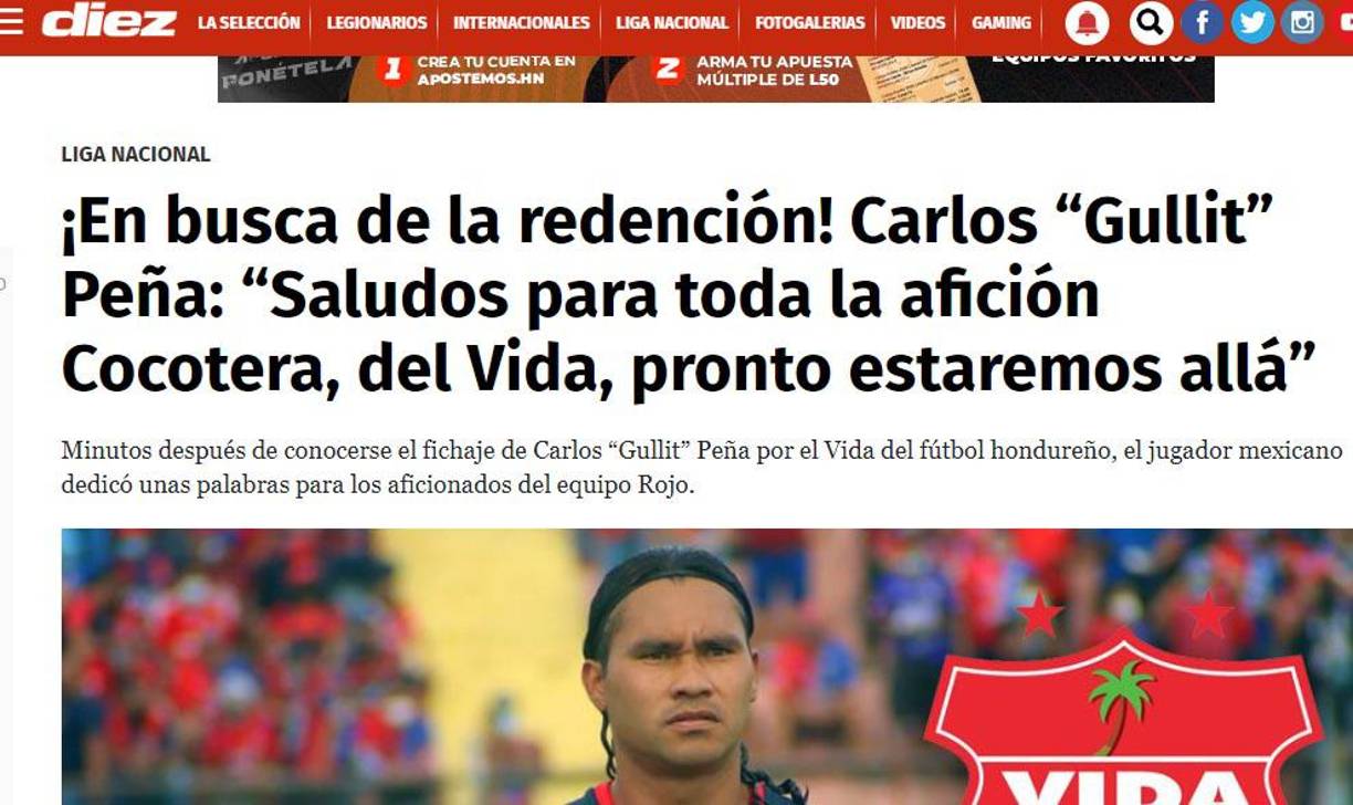 “En busca de la redención”, señaló Diario Diez tras la contratación del “Gullit” Peña al Vida.