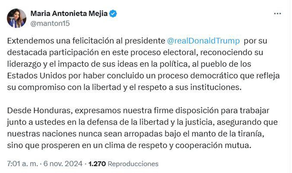 María Antonieta Mejía, congresista del Partido Nacional, felicitó a Trump y reconoció el liderazgo y el impacto de las ideas del presidente electo en la política. 