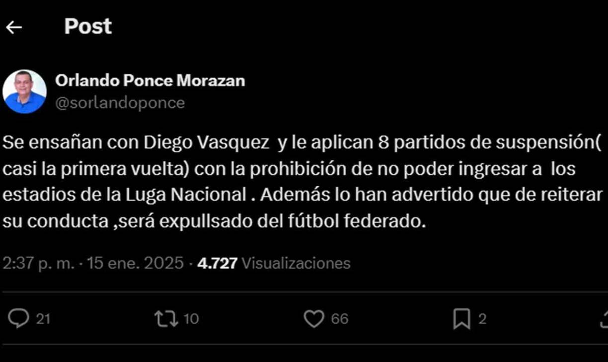 Orlando Ponce Morazán, narrador de TVC, asegura que “se ensañan con Diego Vázquez” por la suspensión de 8 partidos con la prohibición de no poder entrar a los estadios de la Liga Nacional.