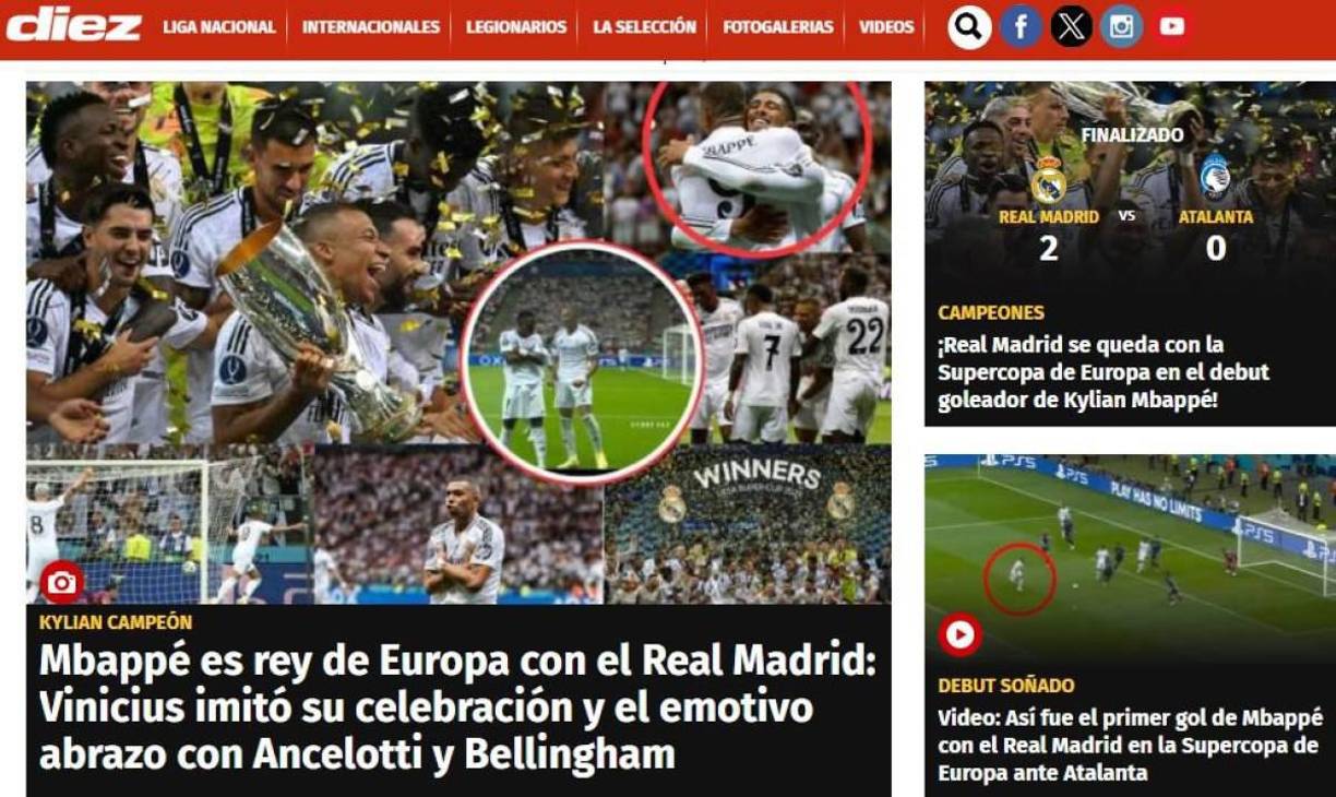 Diario Diez de Honduras: “Mbappé es rey de Europa con el Real Madrid”.