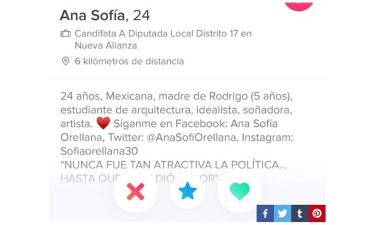 Así se describe la candidata para el Congreso poblano en su cuenta de Tinder.