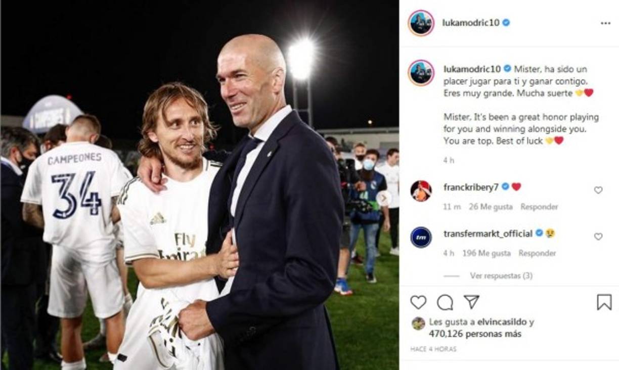 Luka Modric y Zidane, tras la consecución liguera en 2020.