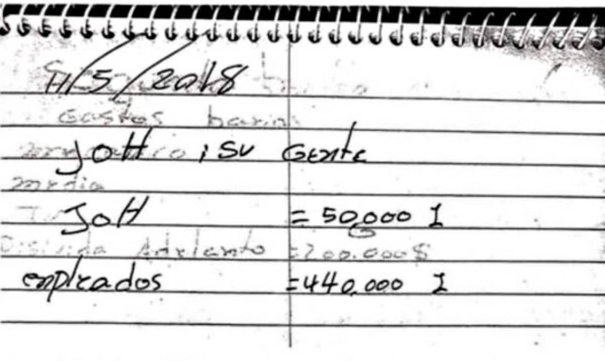 “Los que los libros de contabilidad de drogas. Contienen las iniciales de JOH por 650 kilos de cocaína”, dijo Castel.