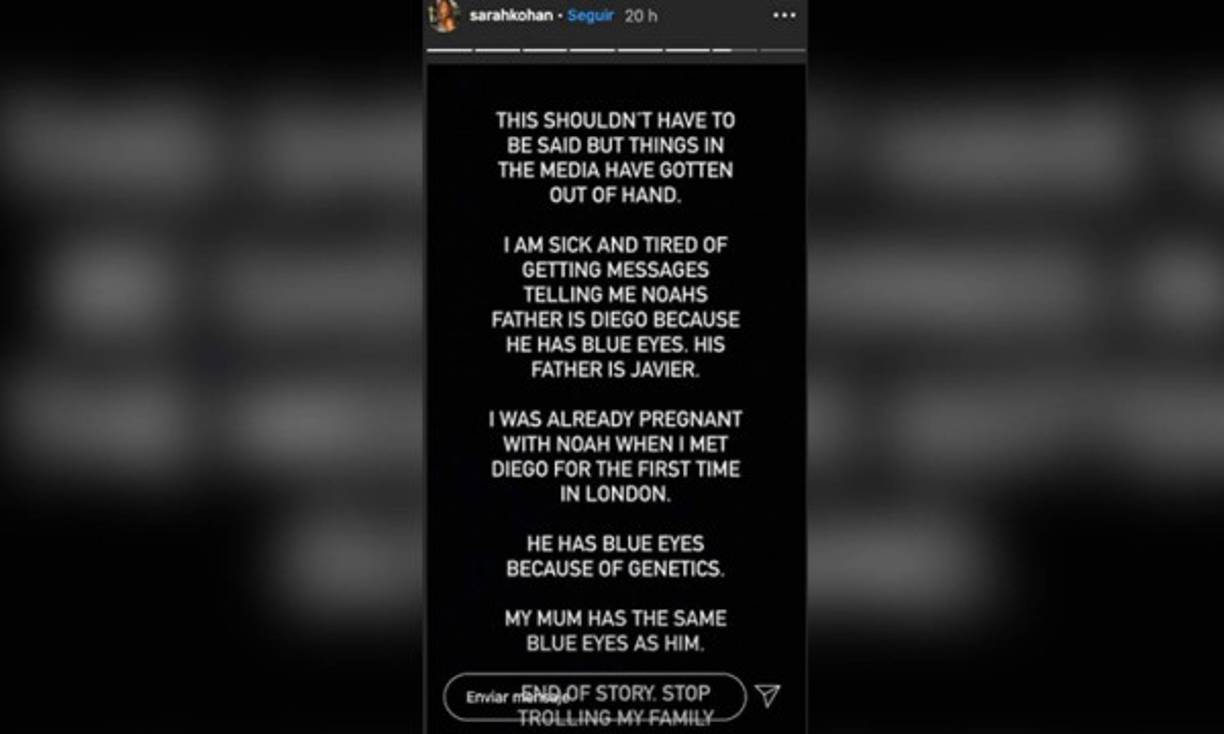 El mensaje que compartió Sarah el pasado noviembre, en el que aclaraba que Chicharito es el padre de su hijo.