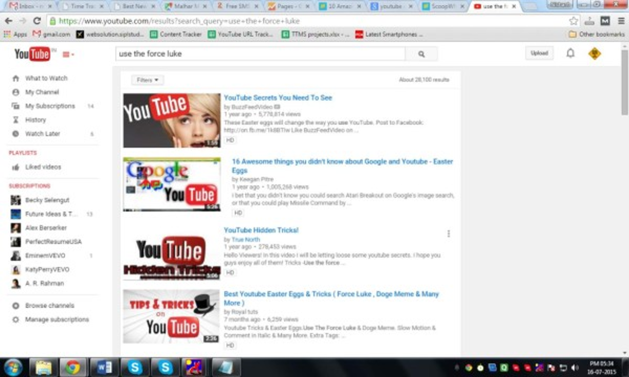 Los sitios afiliados a Google también tienen sus trucos. En el caso de YouTube, solo hay que poner el término de búsqueda 'Use the force Luke' para que los resultados empiecen a flotar. También hay otras opciones. Si recuerdas el 'Harlem Shake', escribe 'Do the Harlem Shake' y verás lo que sucede.