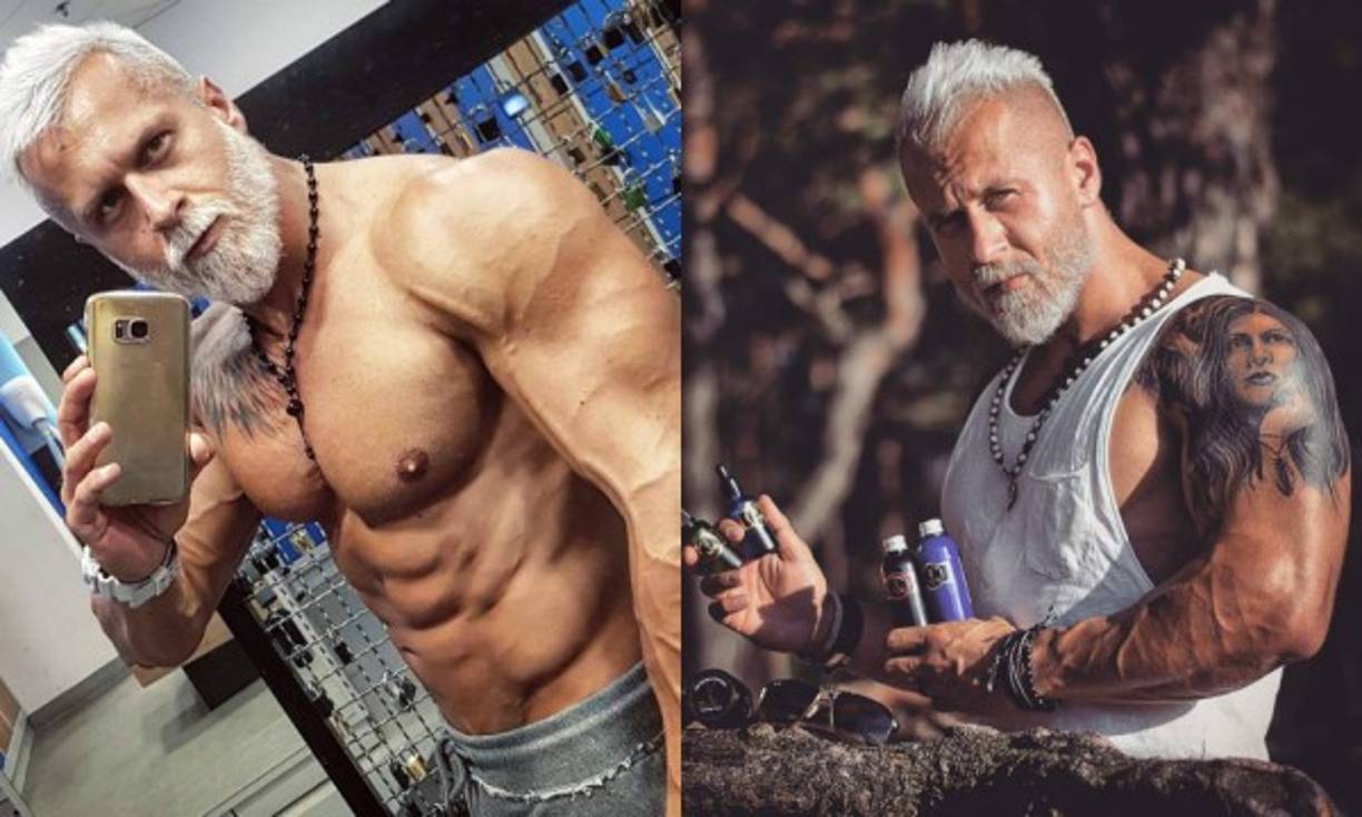 2. Muchos hombres temen envejecer, pero este fanático del fitness desea adelantar el proceso natural y lleva la barba y el cabello totalmente blanco.<br/>