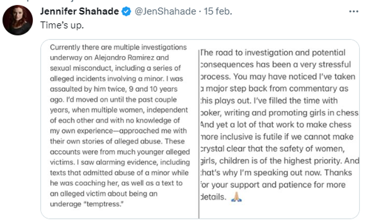 Por lo tanto la ajedrecista se encargó de hacer pública la denuncia y lo hizo a través de sus redes sociales.