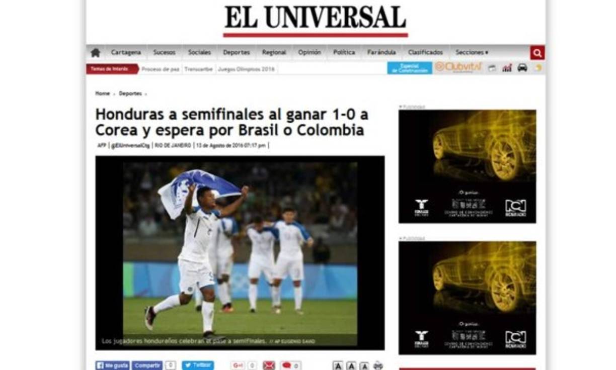 El Universal de Colombia: 'Honduras a semifinales al ganar 1-0 a Corea y espera por Brasil o Colombia'.