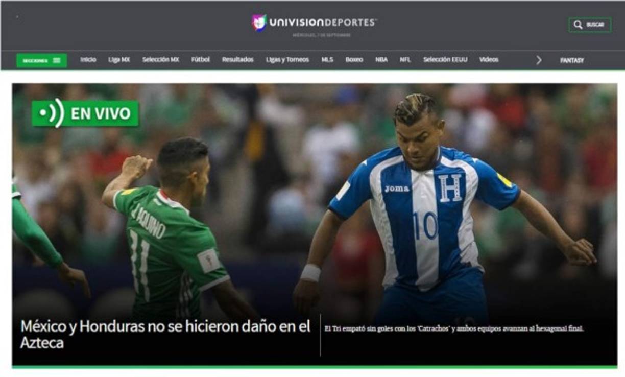 Univisión Deportes: 'México y Honduras no se hicieron daño en el Azteca. El Tri empató sin goles con los catrachos y ambos equipos avanzan al hexagonal final'.