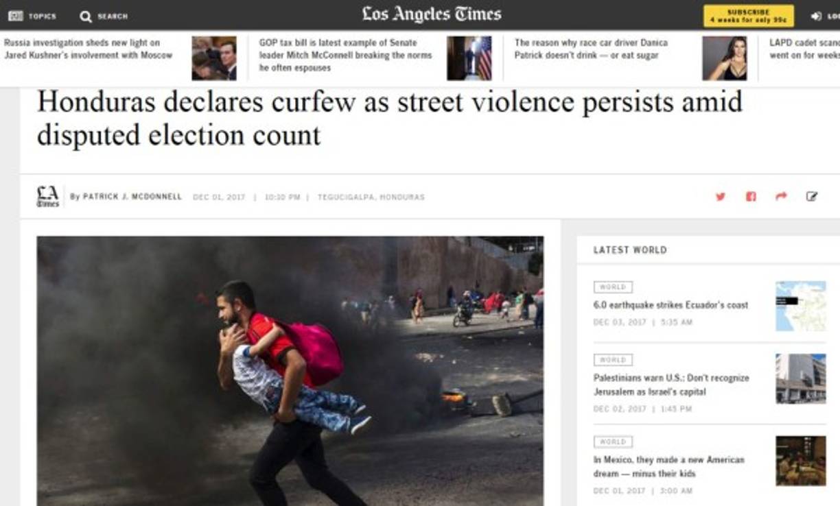 Los Angeles Times, el diario más influyente de la costa oeste de EUA, resaltó las protestas opositoras en Honduras.
