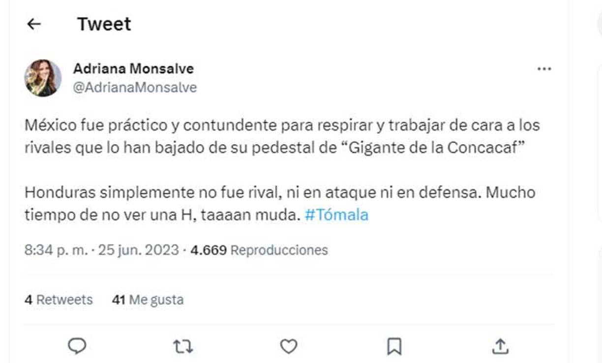 Adriana Monsalve sorprendió al mostrar su preocupación por la selección hondureña: “Honduras simplemente no fue rival, ni en ataque ni en defensa. Mucho tiempo de no ver a una H, tan muda.”