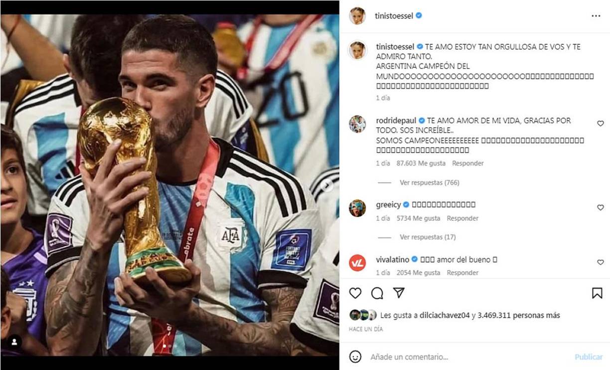 La cantante argentina Tini Stoessel felicitó a su novio Rodrigo De Paul por quedar campeón del mundo.