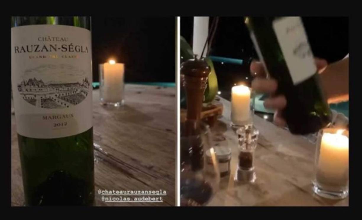A la derecha, la foto del vino que subió Lavezzi. A la izquierda, una captura del video que compartió Natalia Borges. En ambas se ve una bebida similar, mesa y las velas.
