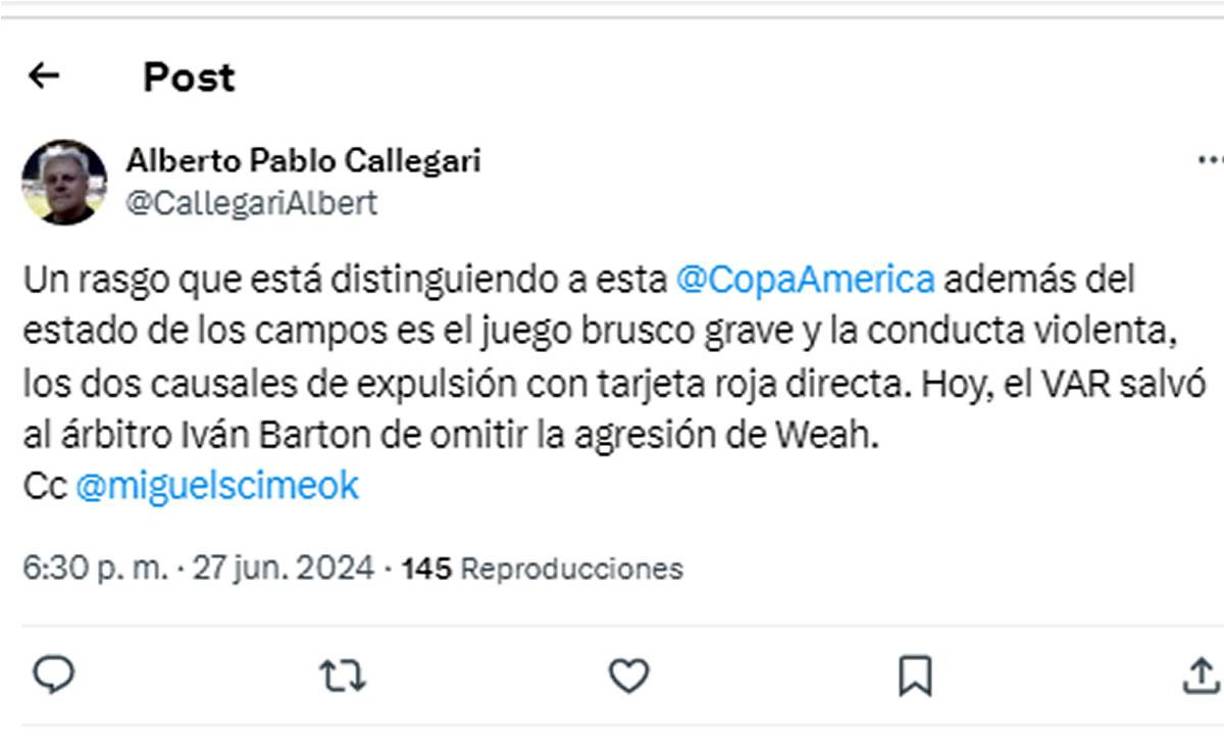 Alberto Pablo Callegari, periodista argentino, dice que “el VAR salvó al árbitro Iván Barton de omitir la agresión de Weah”.