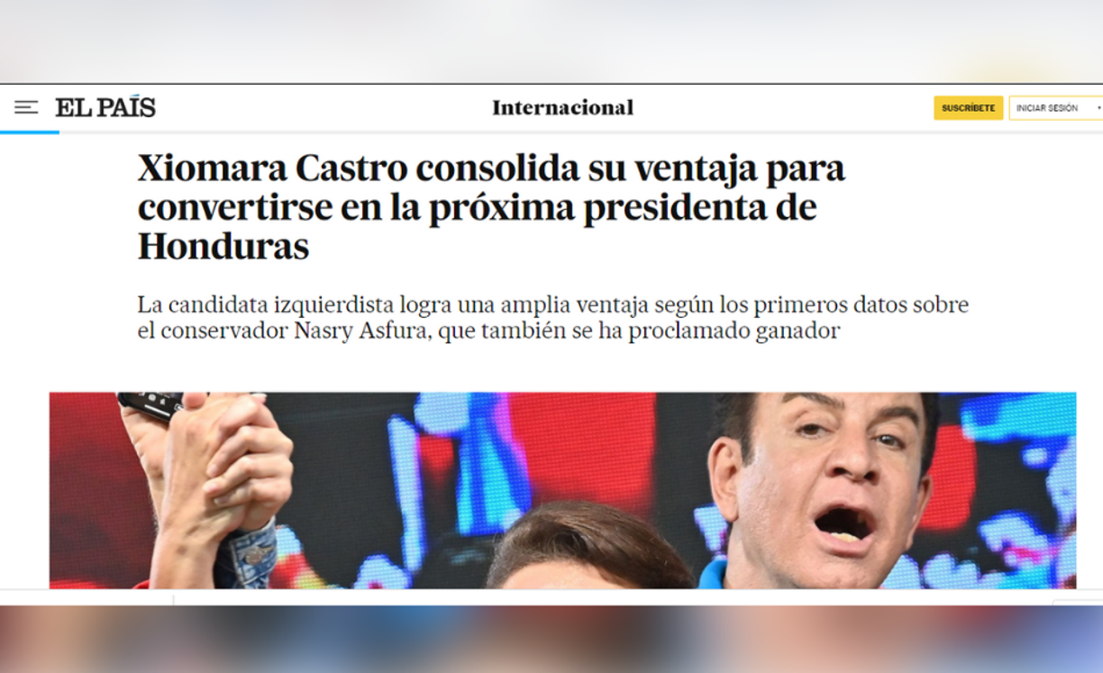 El País de España, resalta la victoria preliminar de castro en lo comicios en Honduras.