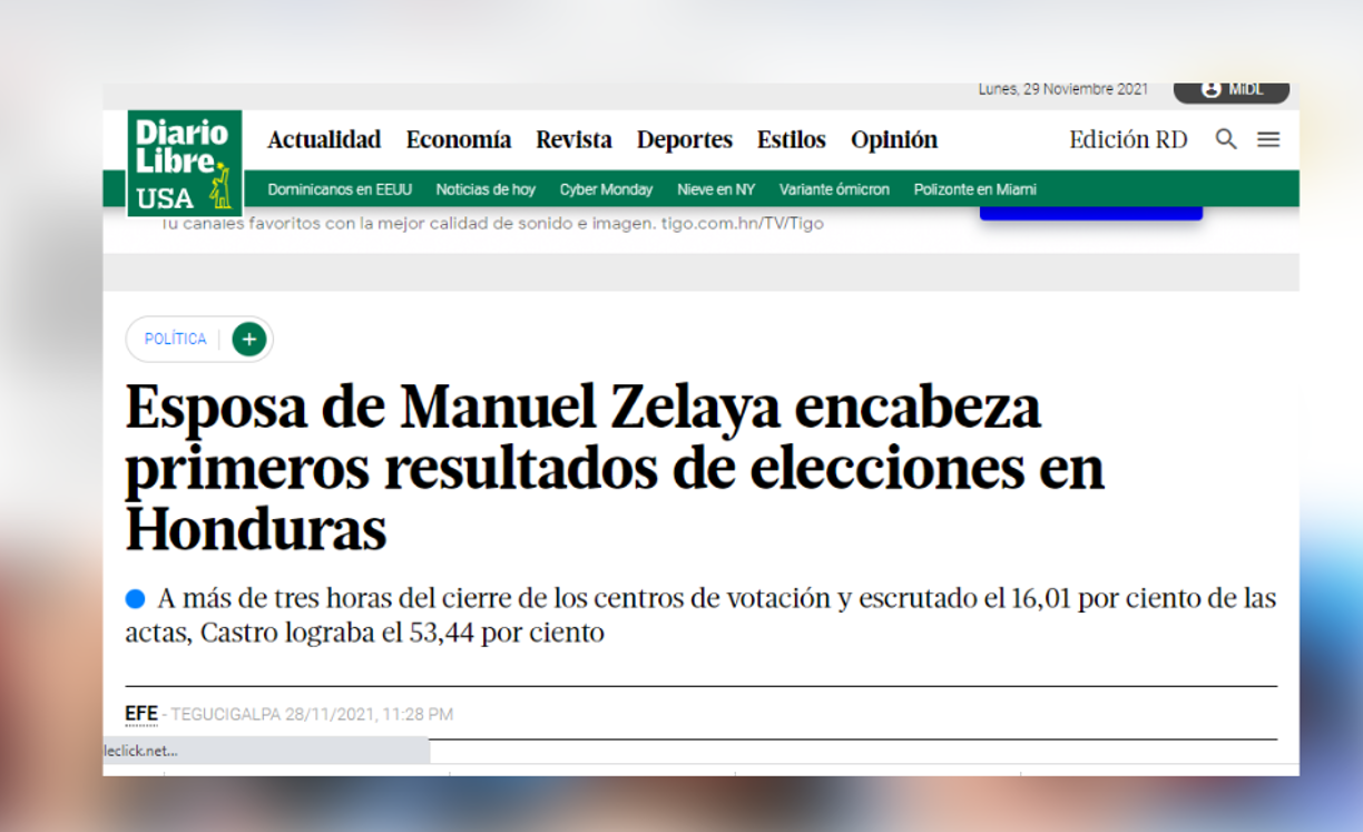 Diario Libre de Estados Unidos reconoce resultados del CNE que aventajan a Xiomara Castro.