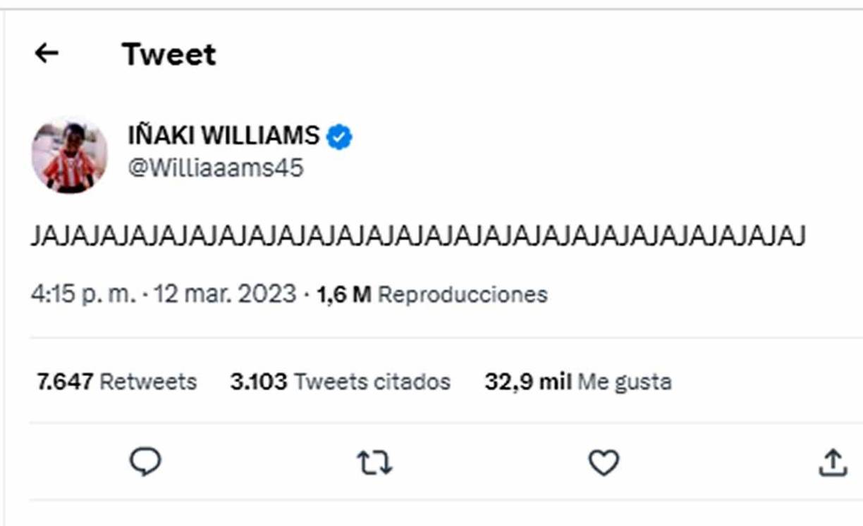 Una vez finalizado el partido, Iñaki Williams se fue al vestuario y lo primero que hizo fue publicar este mensaje en redes sociales. El delantero ghanés ha escrito un tweet en el que refleja su incomprensión ante el gol anulado. “JAJAJAJAJAJA” ha publicado el jugador en una publicación que no ha tardado en hacerse viral.