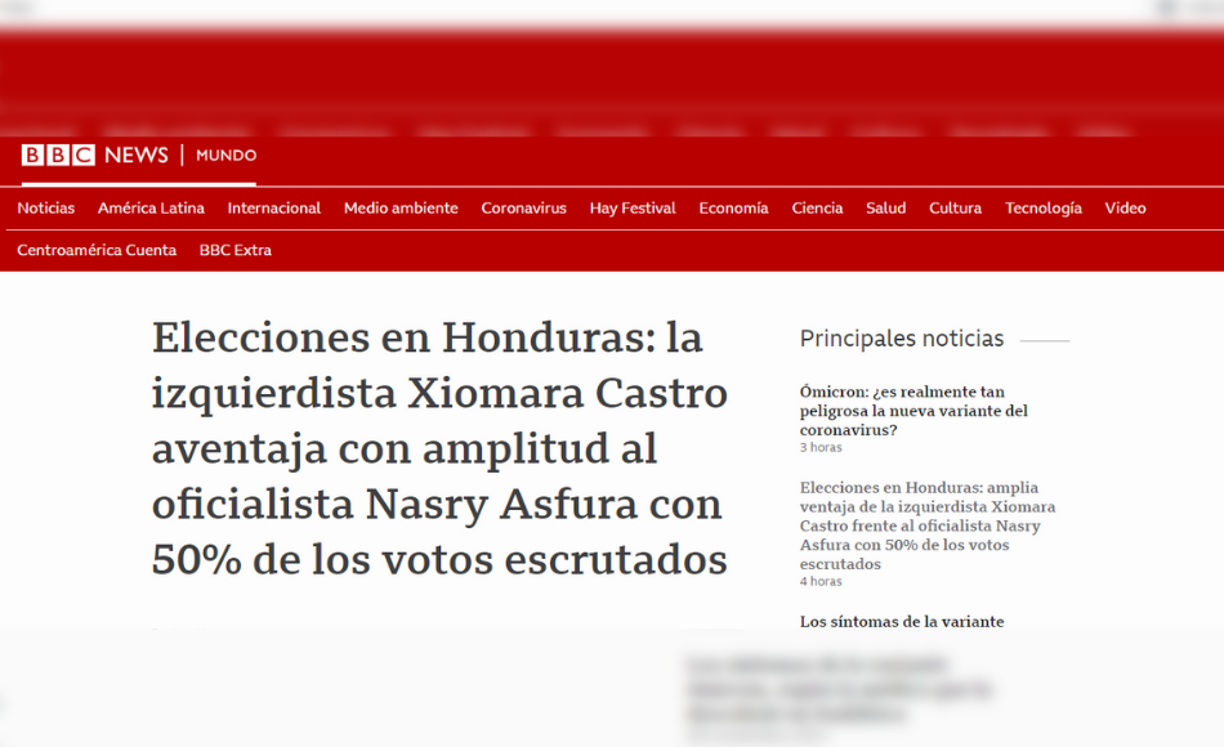 La corporación Británica BBC, informa sobre la ventaja preliminar de Xiomara Castro sobre Nasry Asfura. 