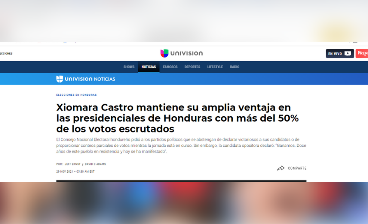 Univision resalta amplia ventaja de Xiomara Castro en resultados del proceso electoral.