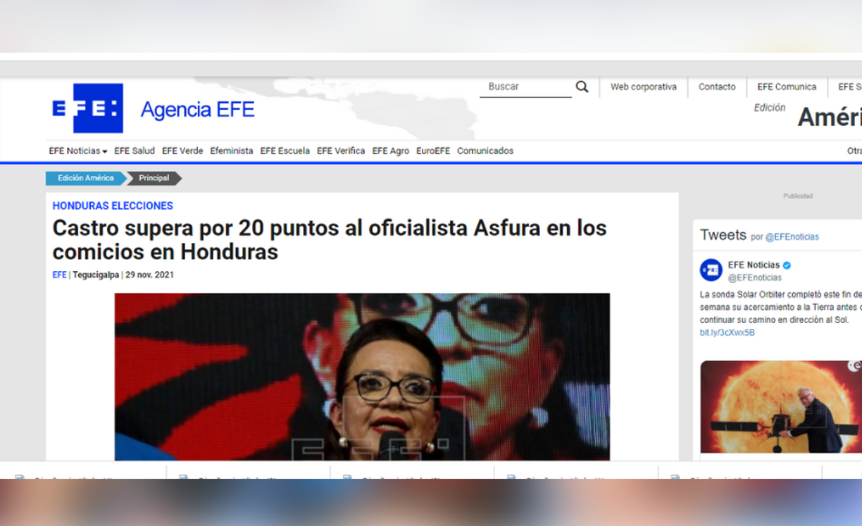 La agencia internacional de noticias EFE, informa sobre la amplia ventaja de Castro sobre Asfura.