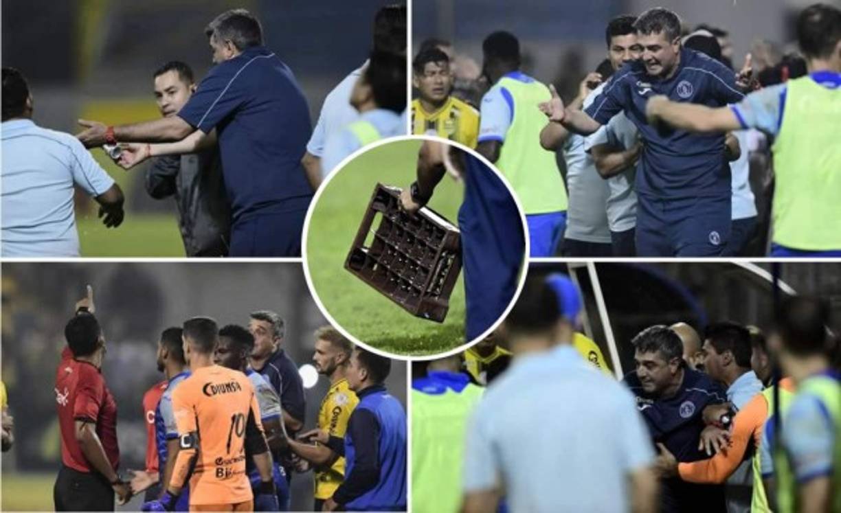 Diego Vázquez fue protagonista en los últimos minutos del clásico Real España-Motagua. Un aficionado lanzó una caja de cerveza al banquillo del azul y el técnico argentino enloqueció. Fotos Yoseph Amaya y Neptalí Romero
