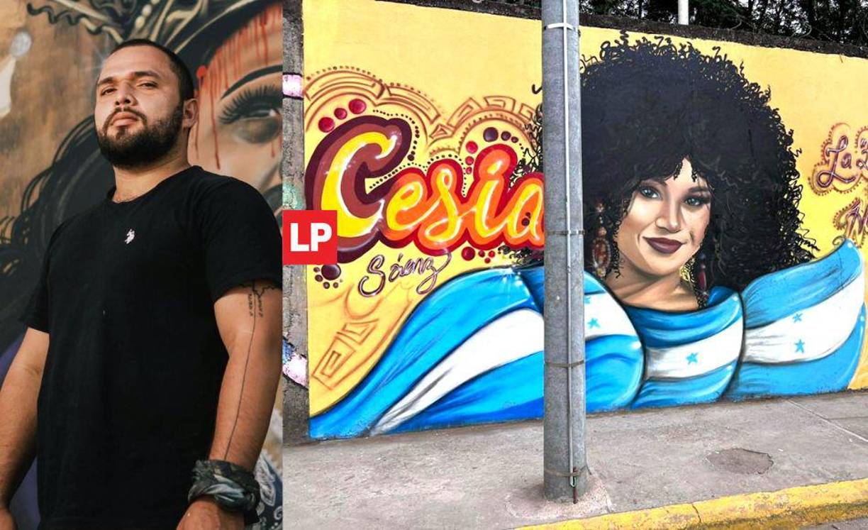 El artista Nery Fernández pintó un mural en apoyo a Cesia Sáenz, la representante de Honduras en La Academia.