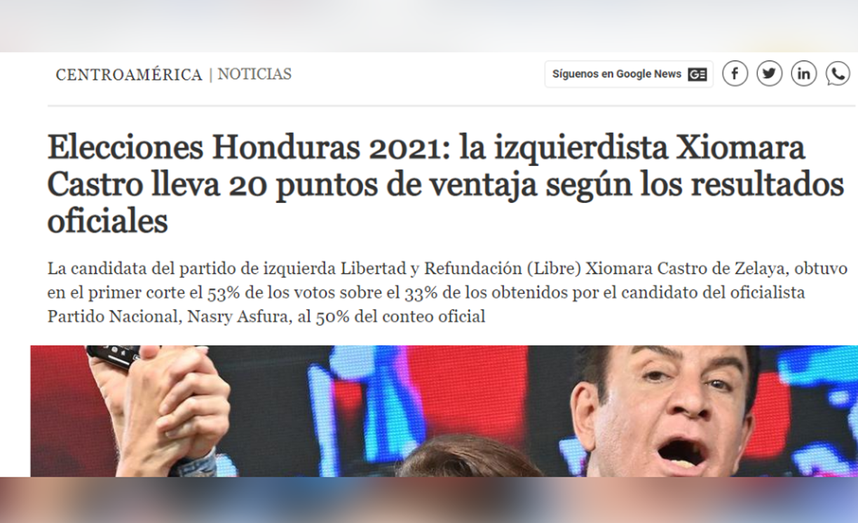 El Comercio de Perú, resalta resultados preliminares de la oposición en Honduras.