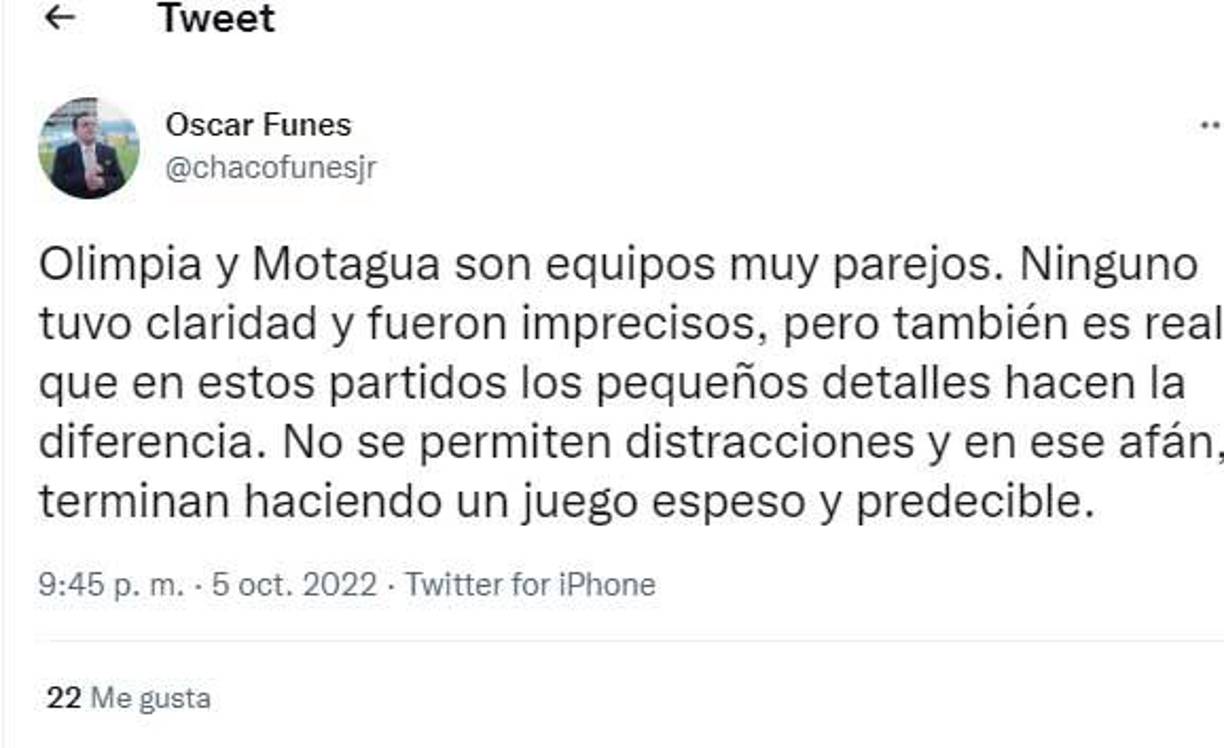 Óscar Funes también dio su punto de vista en las redes sociales sobre el empate entre los clubes capitalinos.