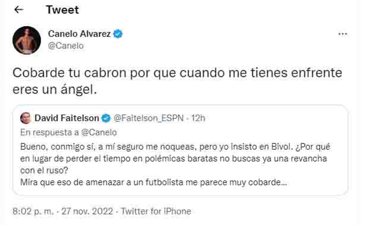 “Cobarde tu cabrón porque cuando me tienes enfrente eres un ángel”, le señaló Canelo a Faitelson.