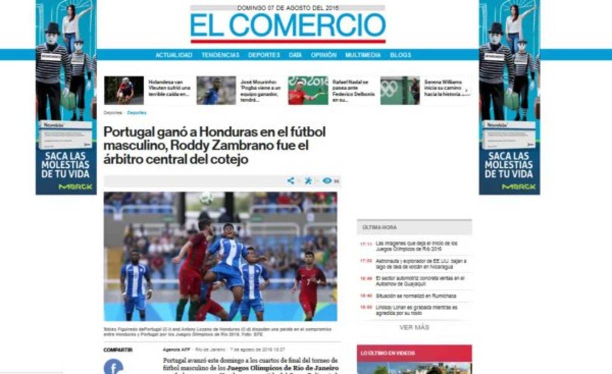 Diario El Comercio de Ecuador: 'Portugal avanzó este domingo a los cuartos de final del torneo de fútbol masculino de los Juegos Olímpicos de Río de Janeiro 2016 al vencer 2-1 a Honduras, en partido del Grupo D disputado en el Estadio Olímpico'.