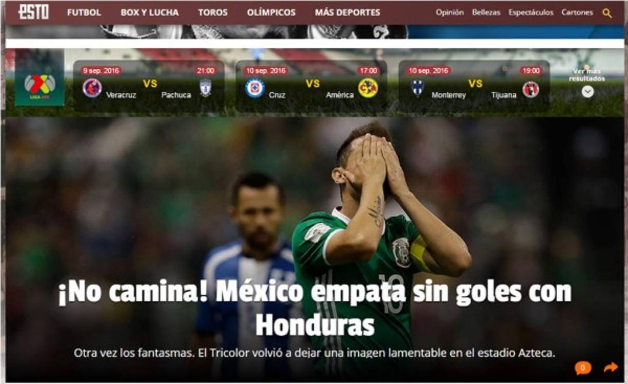 Diario Esto: '¡No camina! México empata sin goles con Honduras. Otra vez los fantasmas. El Tricolor volvió a dejar una imagen lamentable en el estadio Azteca'.