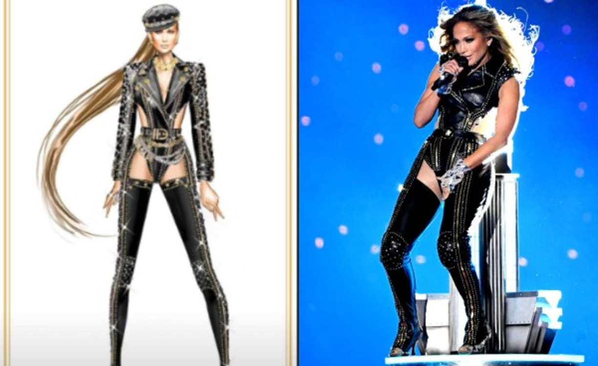 Donatella Versace informó que invirtió al menos unas mil horas para diseñar el triple conjunto, con detalles en cuero con tachuelas plata enfundadas en el cuero puro, Este modelo se inspiró en Marlón Brandon un shoot de Vogue de 1991.