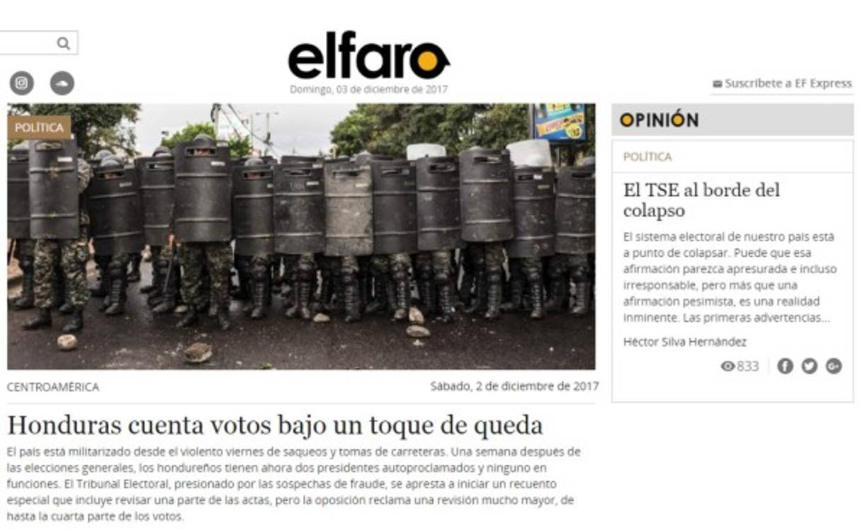 El diario digital El Faro, de El Salvador, también ha destacado la crisis electoral en Honduras.