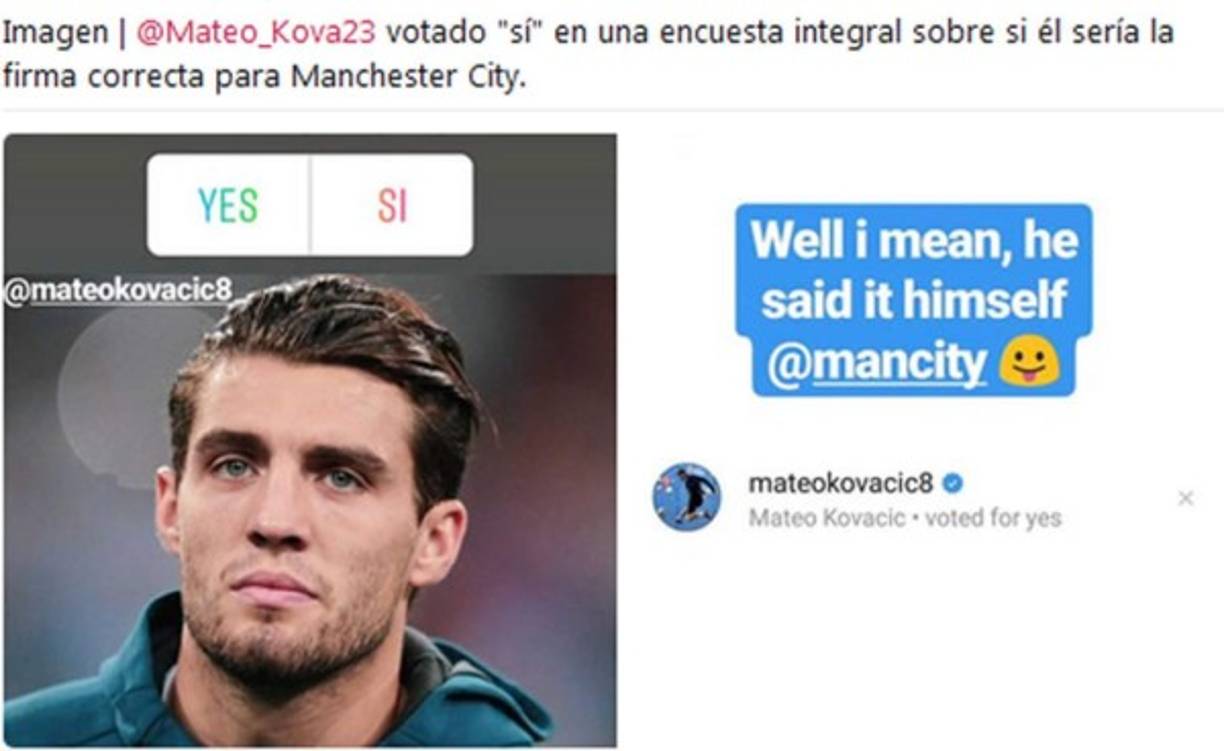Pep Guardiola quiere a Mateo Kovacic y el centrocampista del Real Madrid hace un guiño al Manchester City en su cuenta de instagram. Una cuenta falsa de David Silva quiso alimentar los rumores lanzando una pregunta a través de Instagram: '¿Kovacic es el fichaje correcto?'. Lejos de esquivar, el centrocampista croata respondió afirmativamente la encuesta y disparó las especulaciones en la Premier League.